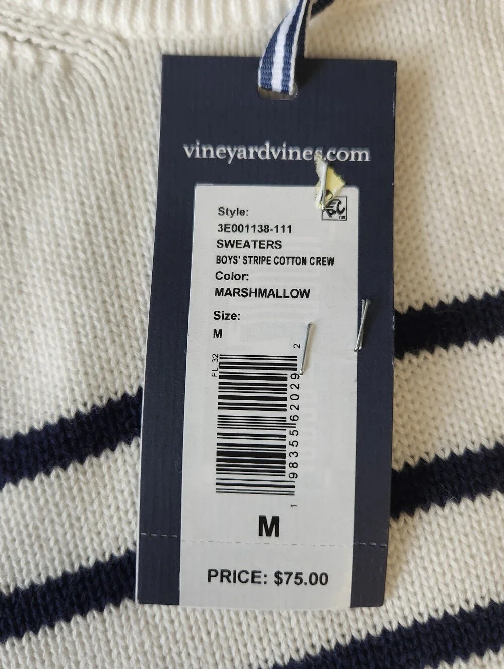 Vineyard Vines NWT  Boys White & Navy Striped Crewneck Sweater